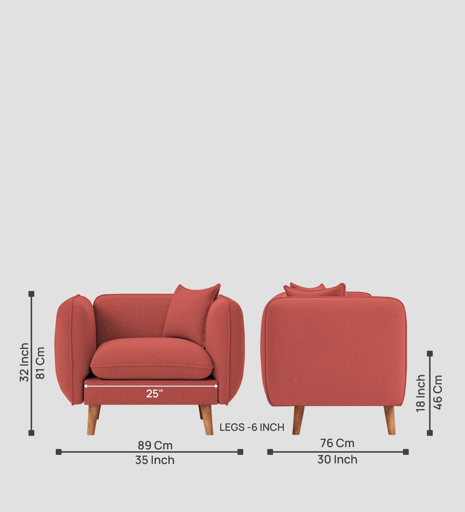Reva Fabric 1 Seater Sofa In Salmon Pink Colour - Febonic Living