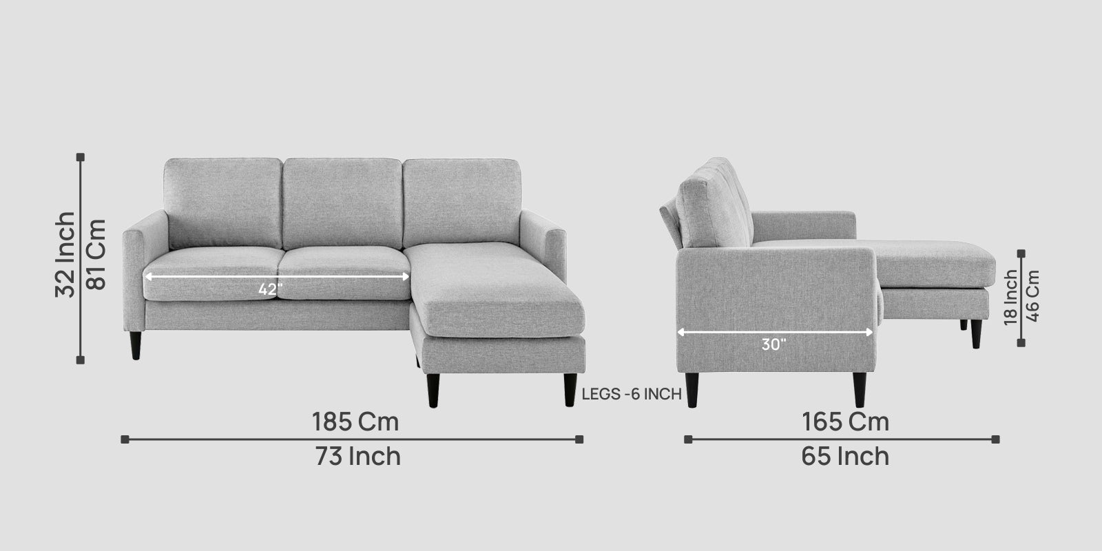 Romie Fabric LHS Sectional Sofa (2+Lounger) In Lit Grey Colour - Febonic Living
