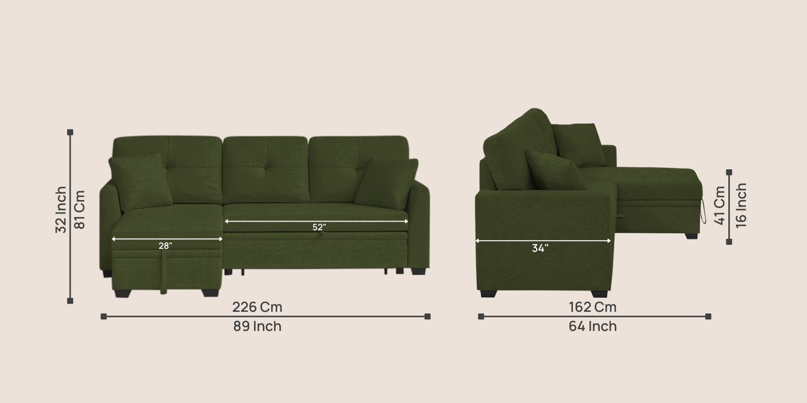 Jody Fabric 3 Seater Pull Out Sofa Cum Bed In Olive Green Colour With Storage - Febonic Living