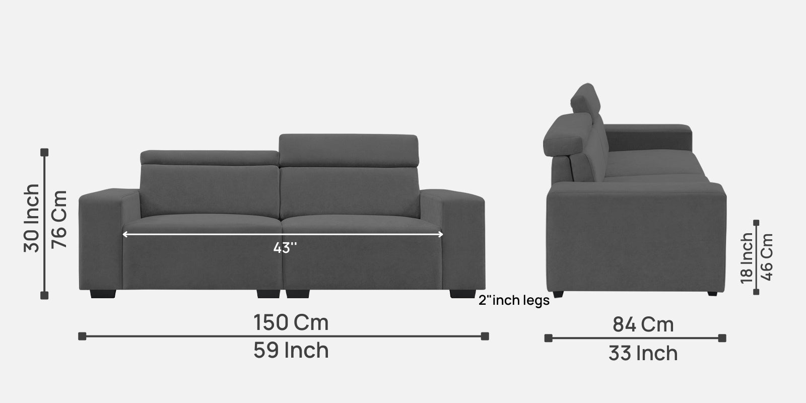 Hiro Fabric 2 Seater Sofa In Pure Grey Colour - Febonic Living