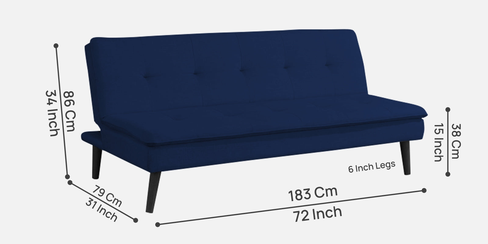 Toner Fabric 3 Seater Convertible Sofa Cum Bed In Royal Blue Colour - Febonic Living