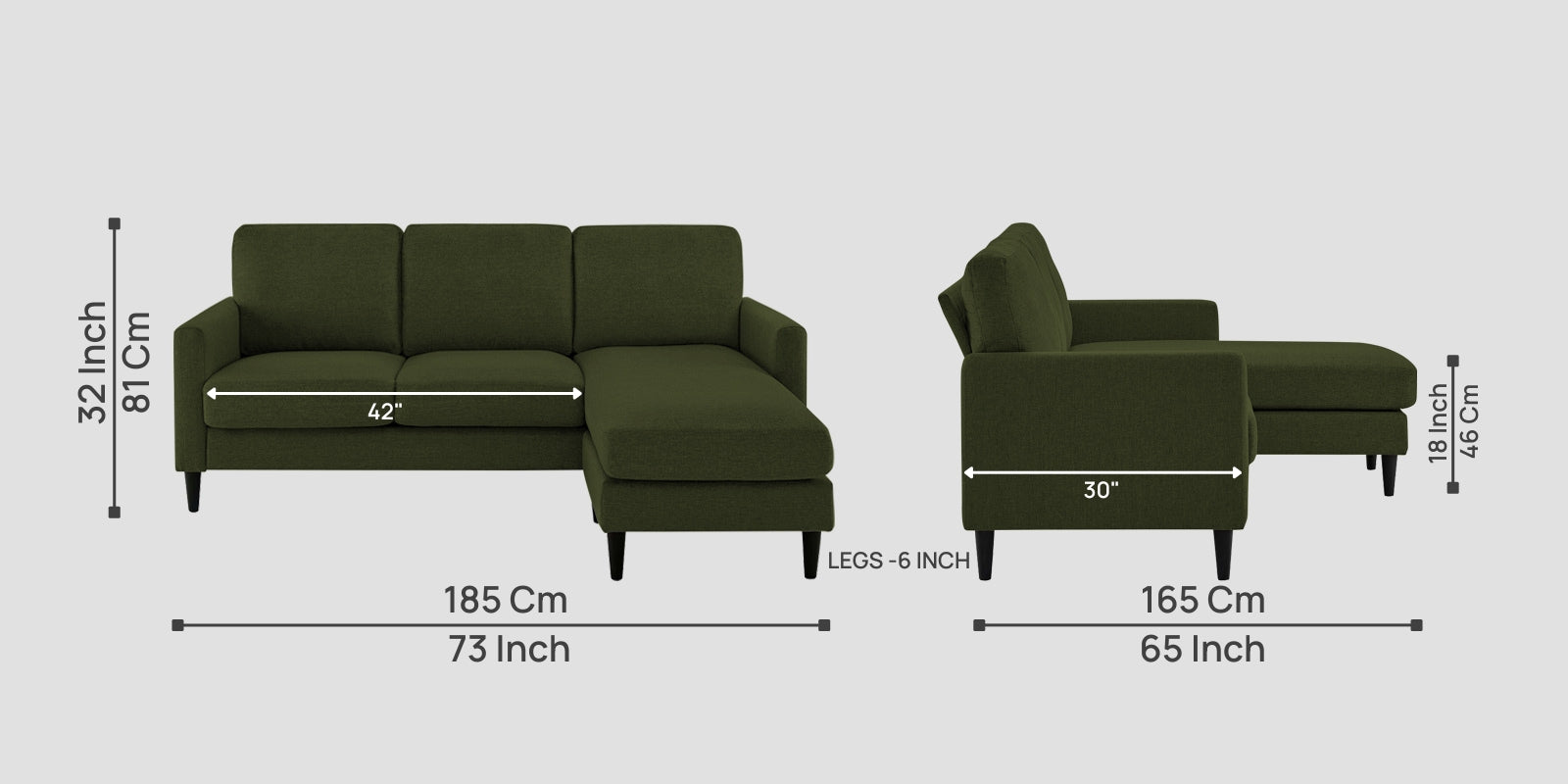 Romie Fabric LHS Sectional Sofa (2+Lounger) In Olive Green Colour - Febonic Living