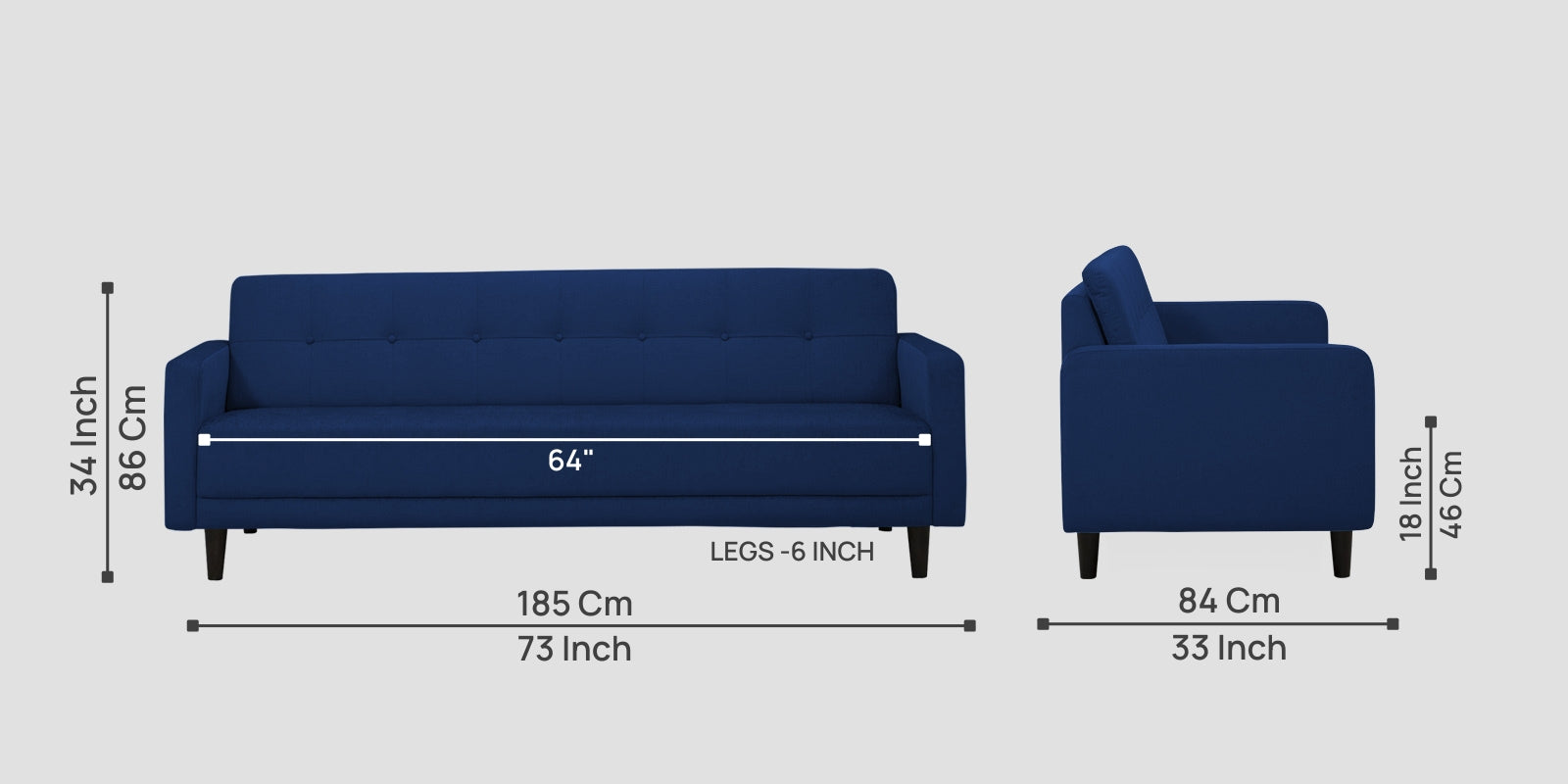 Noha Fabric 3 Seater Sofa In Royal Blue Colour