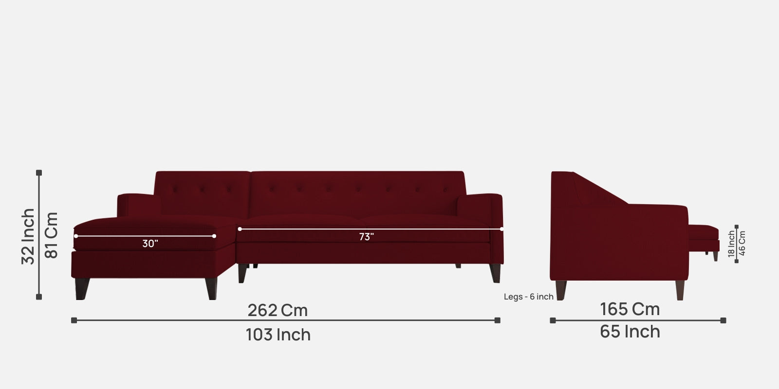 Miller Fabric RHS Sectional Sofa (3+Lounger) In Ruby Red Colour - Febonic Living