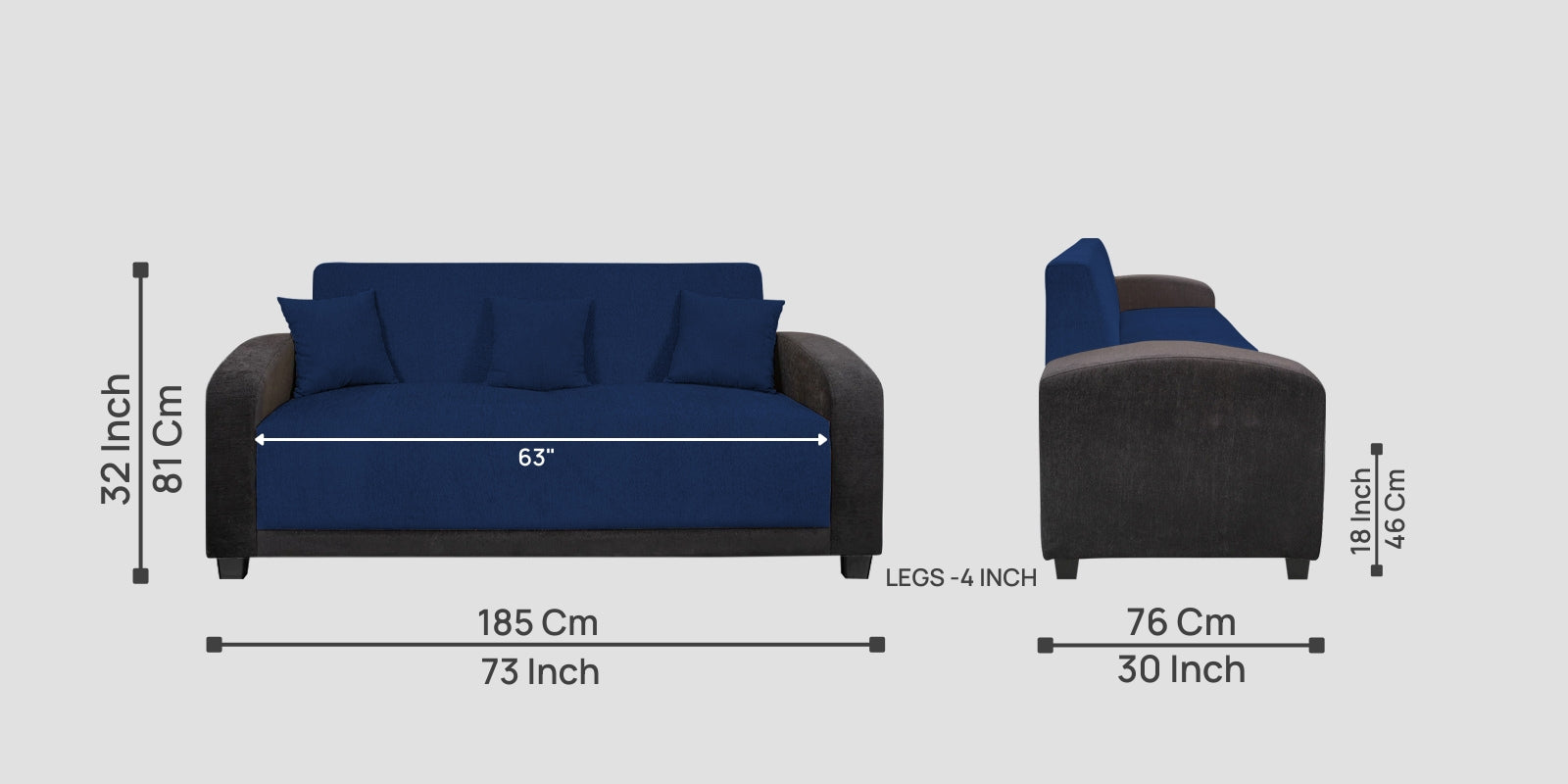 Alex Fabric 3 Seater Sofa In Royal Blue Colour