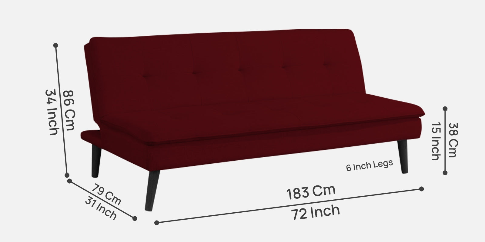 Toner Fabric 3 Seater Convertible Sofa Cum Bed In Ruby Red Colour - Febonic Living