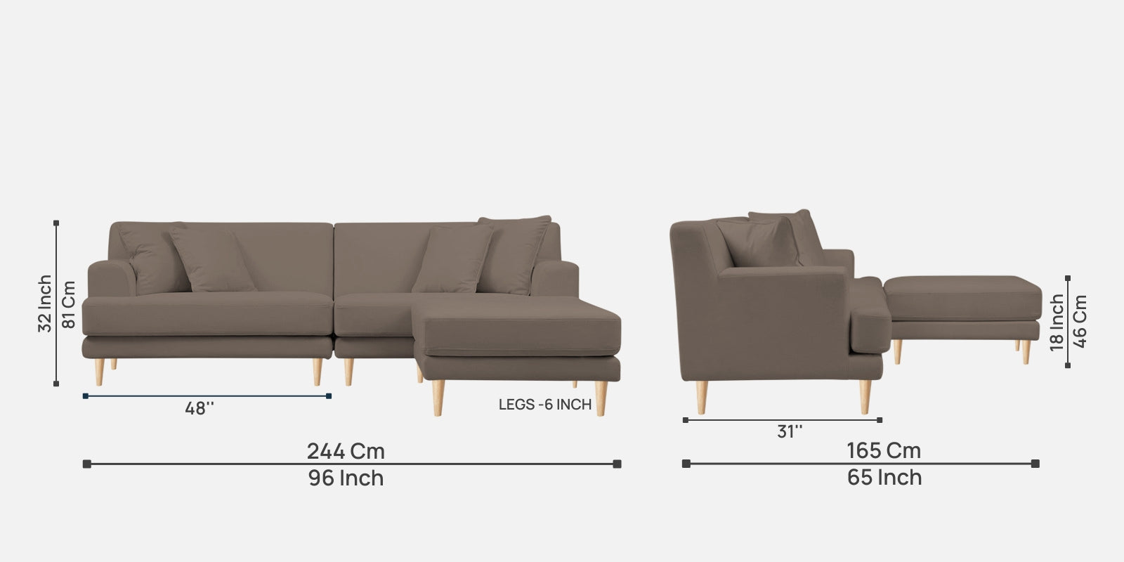 Woody Fabric LHS Sectional Sofa (3+Lounger) In Rock Beige Colour - Febonic Living