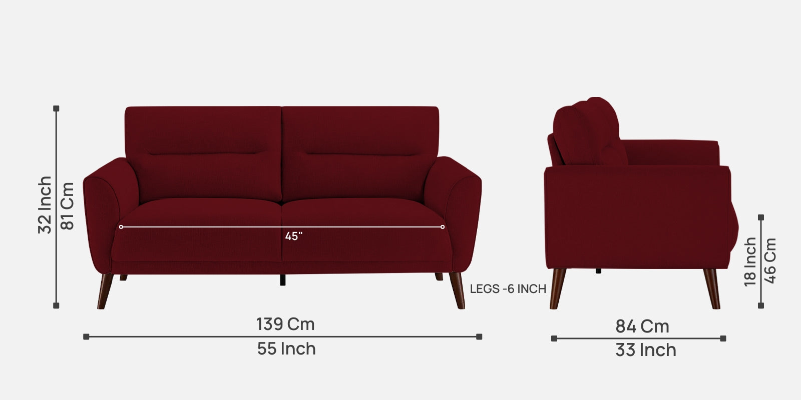 Castro Fabric 2 Seater Sofa In Ruby Red Colour - Febonic Living