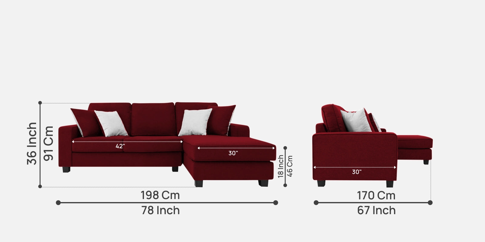 Ladybug Fabric LHS Sectional Sofa (2+Lounger) In Ruby Red Colour - Febonic Living