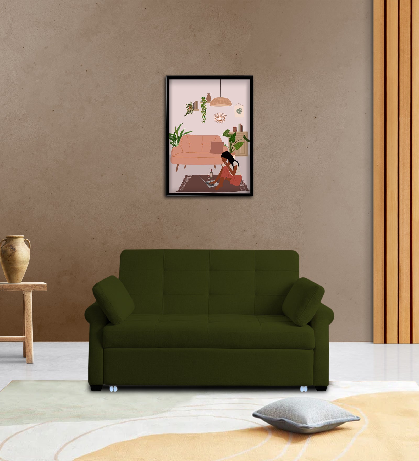 Fornia Fabric 3 Seater Pull Out Sofa Cum Bed In Olive Green Colour - Febonic Living