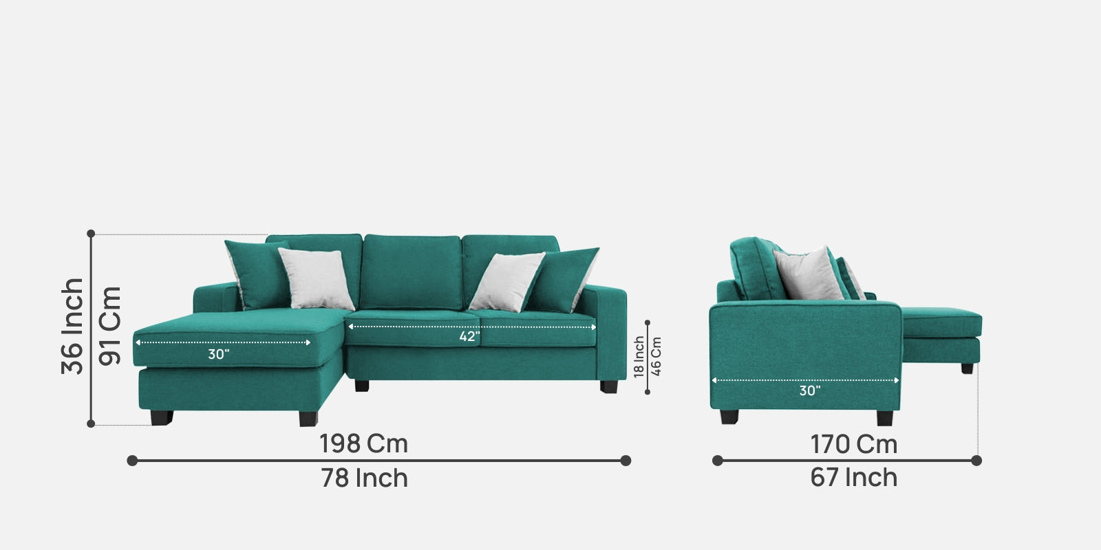 Ladybug Fabric RHS Sectional Sofa (2+Lounger) In Sea Green Colour - Febonic Living