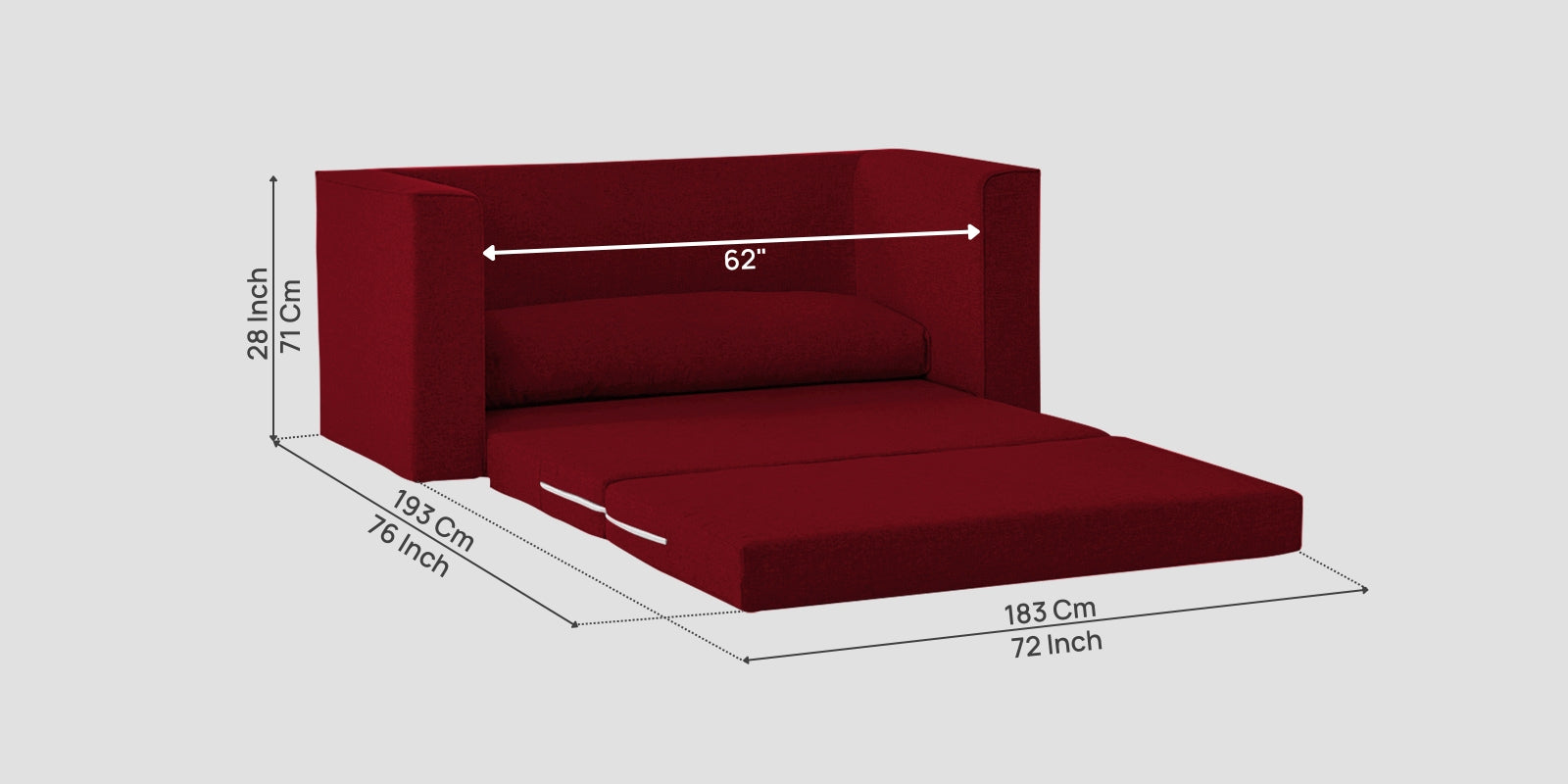 Kenia Fabric 3 Seater Foldable Sofa Cum Bed In Ruby Red Colour - Febonic Living