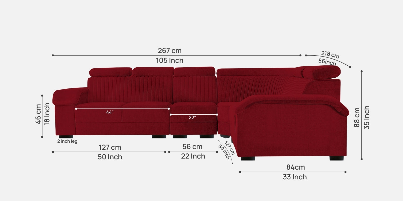 Draco Fabric 6 Seater Corner Sofa In Ruby Red Colour - Febonic Living