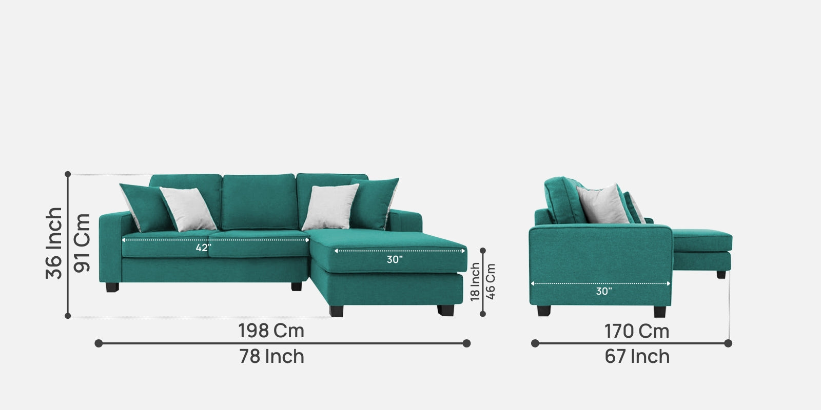Ladybug Fabric LHS Sectional Sofa (2+Lounger) In Sea Green Colour - Febonic Living