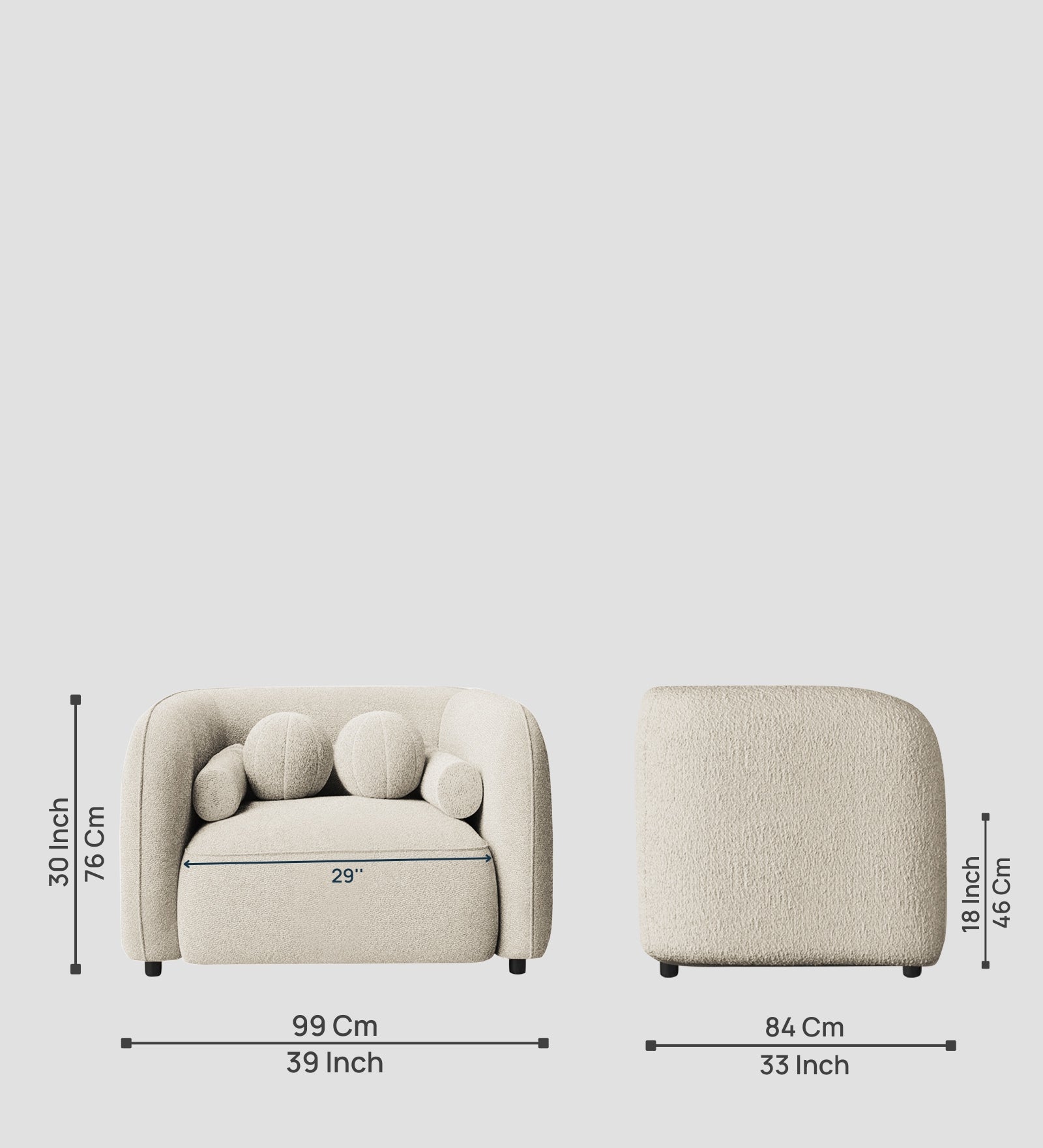 Corny Boucle Fabric 1 Seater Sofa In Shell White Colour - Febonic Living