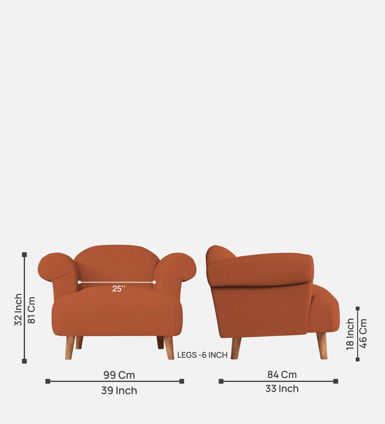 Barber Fabric 1 Seater Sofa In Royal Orange Colour - Febonic Living