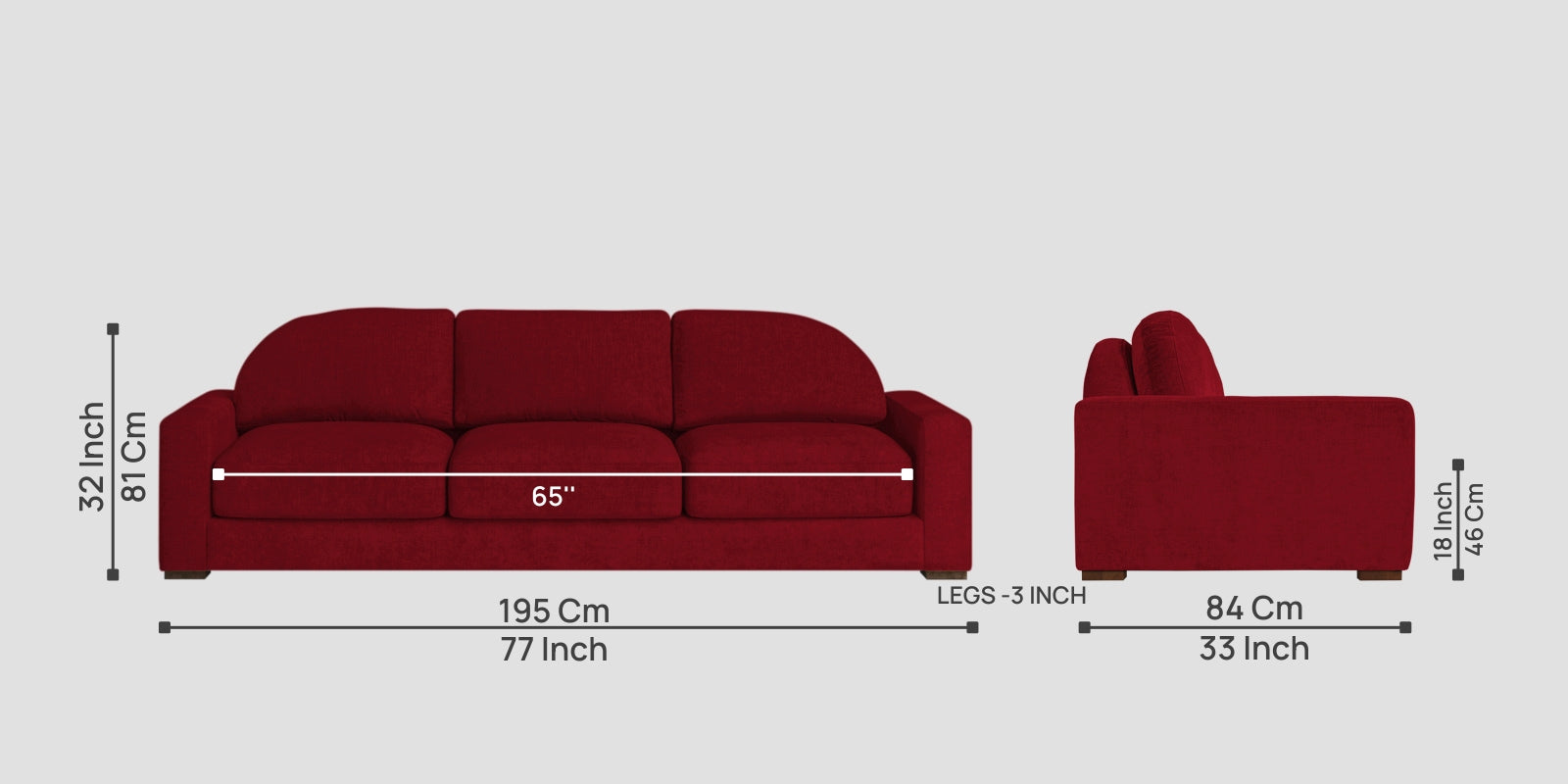 Dara Fabric 3 Seater Sofa In Ruby Red Colour
