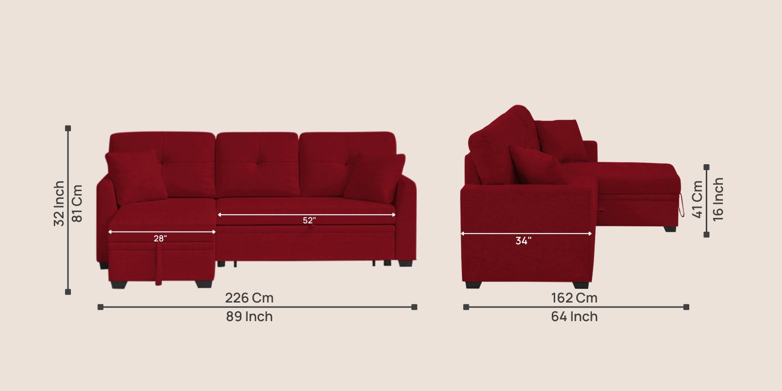 Jody Fabric 3 Seater Pull Out Sofa Cum Bed In Ruby Red Colour With Storage - Febonic Living