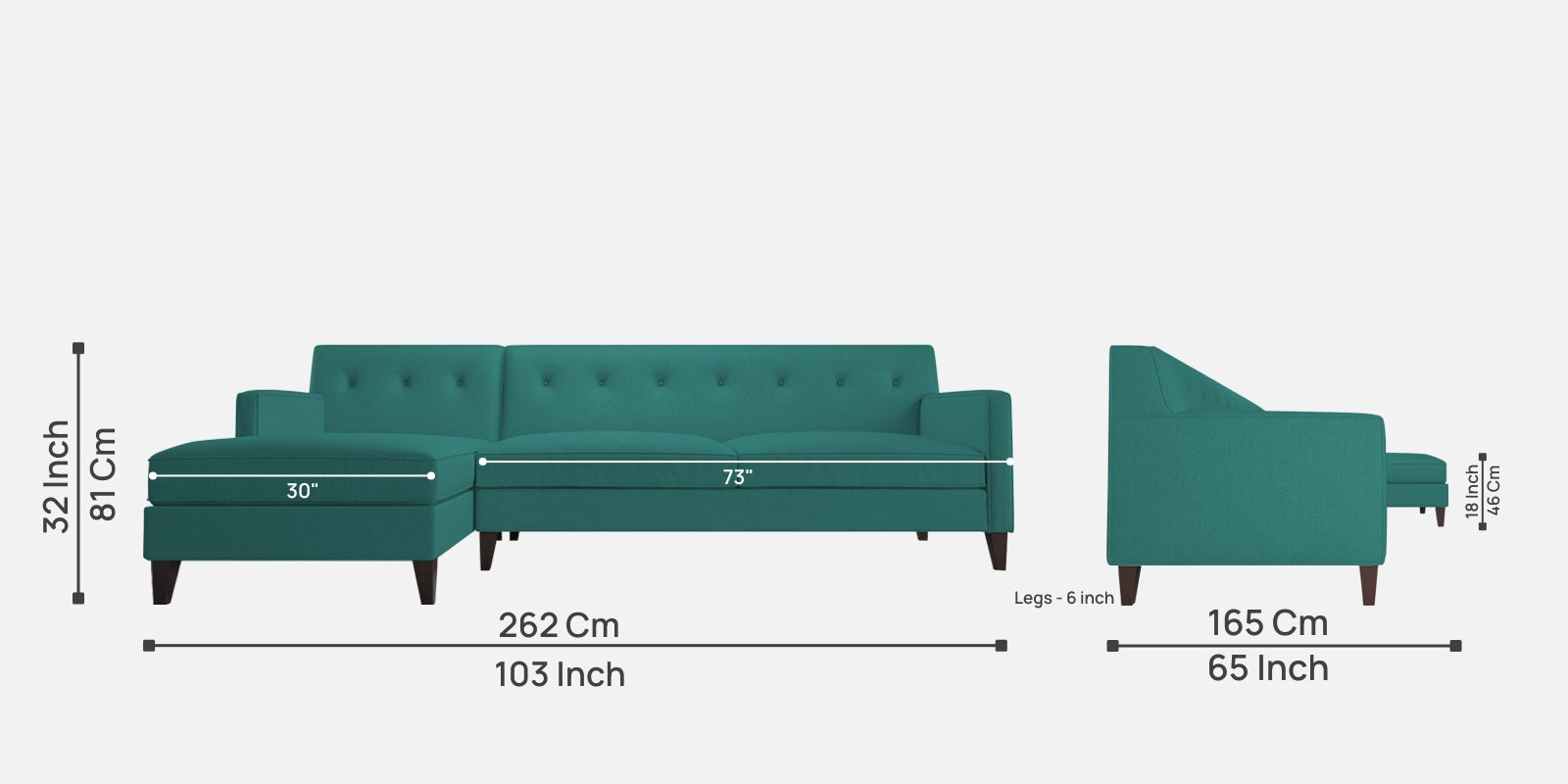 Miller Fabric RHS Sectional Sofa (3+Lounger) In Sea Green Colour - Febonic Living