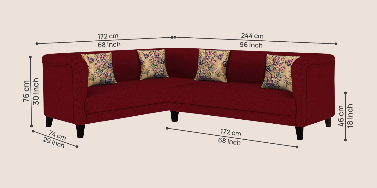 Niki Fabric Corner Sofa In Ruby Red Colour - Febonic Living