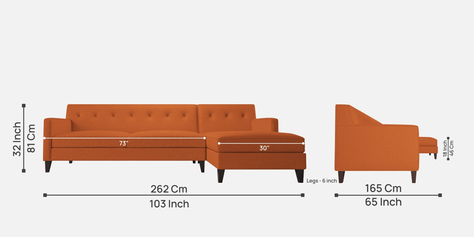 Miller Fabric LHS Sectional Sofa (3+Lounger) In Vivid Orange Colour - Febonic Living