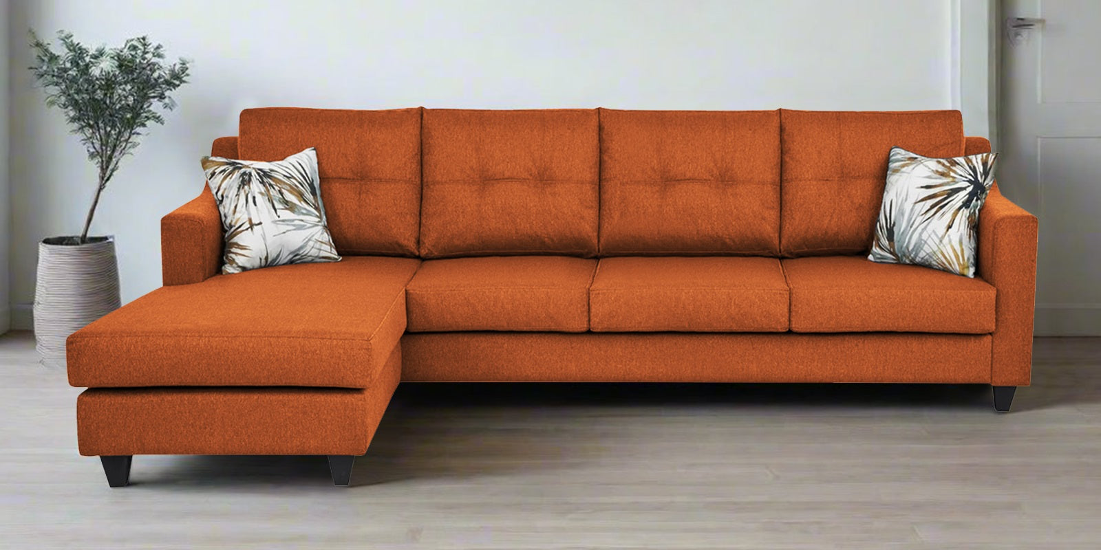 Welly Fabric RHS Sectional Sofa (3+Lounger) In Vivid Orange Colour - Febonic Living