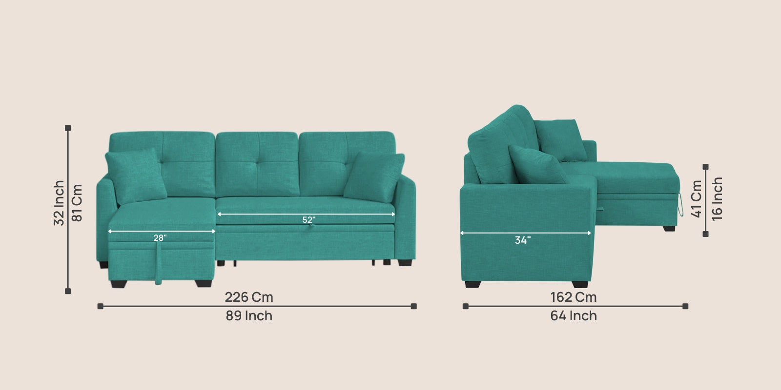 Jody Fabric 3 Seater Pull Out Sofa Cum Bed In Sea Green Colour With Storage - Febonic Living