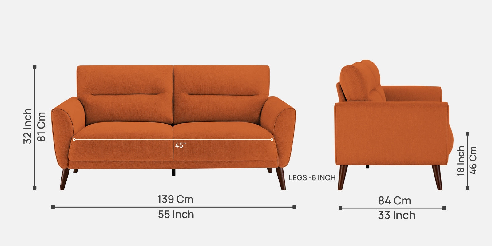 Castro Fabric 2 Seater Sofa In Vivid Orange Colour - Febonic Living