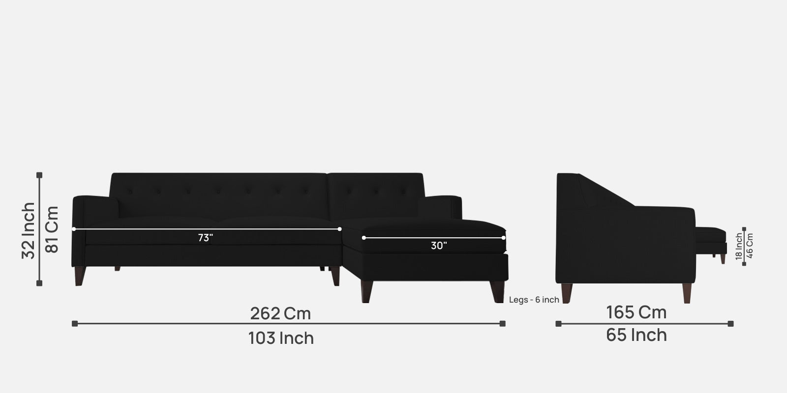 Miller Fabric LHS Sectional Sofa (3+Lounger) In Zed Black Colour - Febonic Living