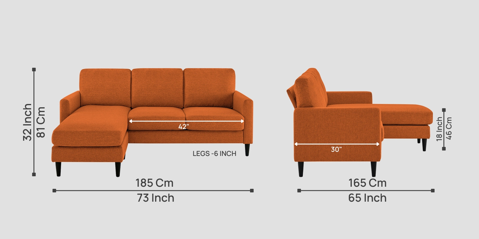 Romie Fabric RHS Sectional Sofa (2+Lounger) In Vivid Orange Colour - Febonic Living