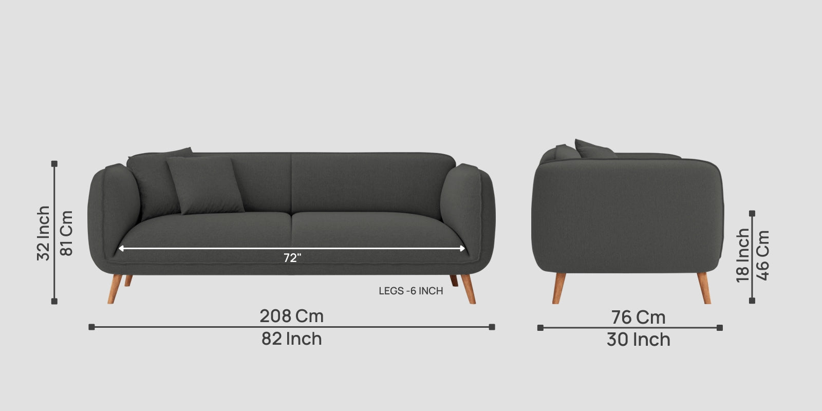 Zia Fabric 3 Seater Sofa In Stone Grey Colour