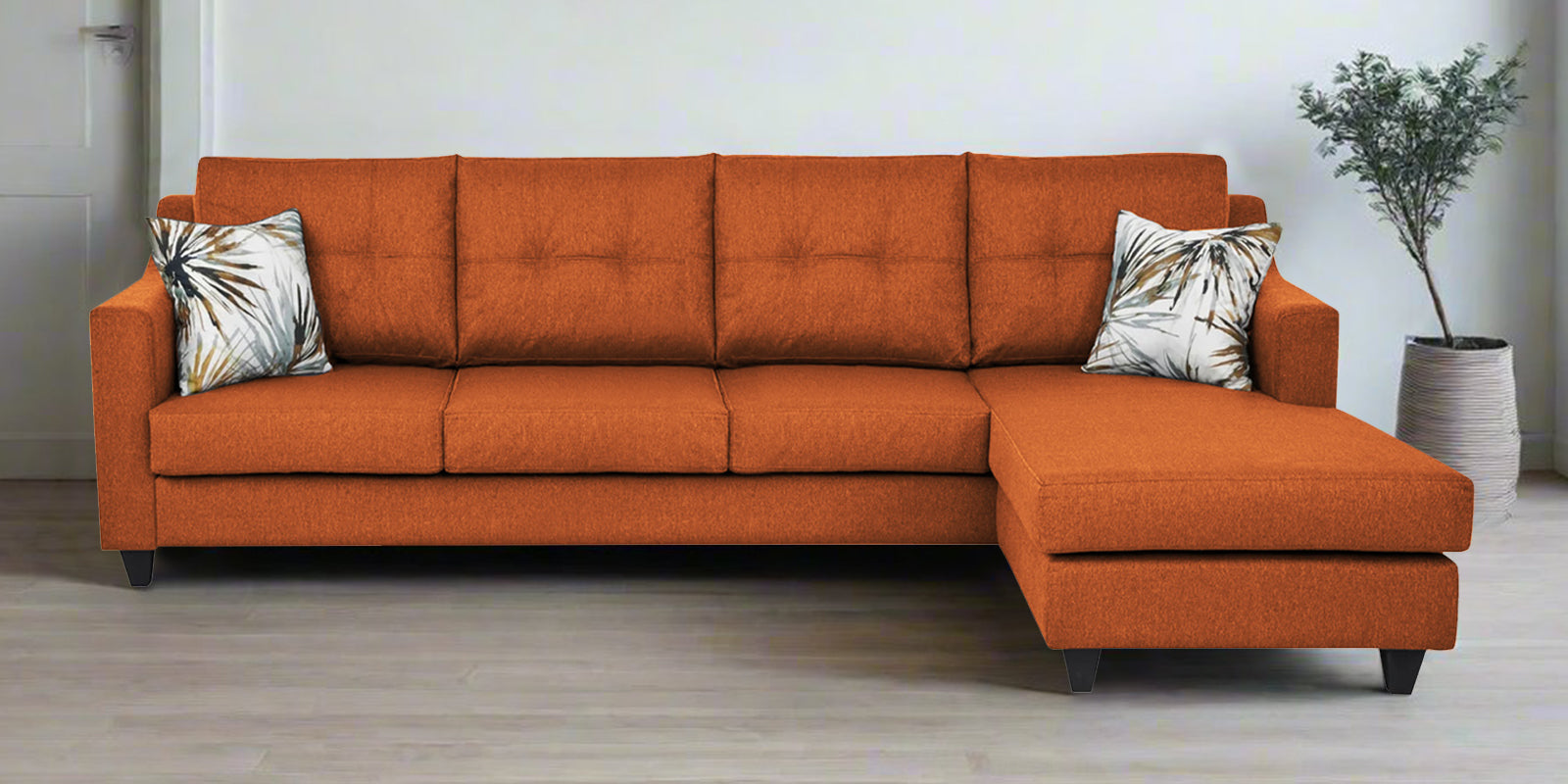 Welly Fabric LHS Sectional Sofa (3+Lounger) In Vivid Orange Colour - Febonic Living
