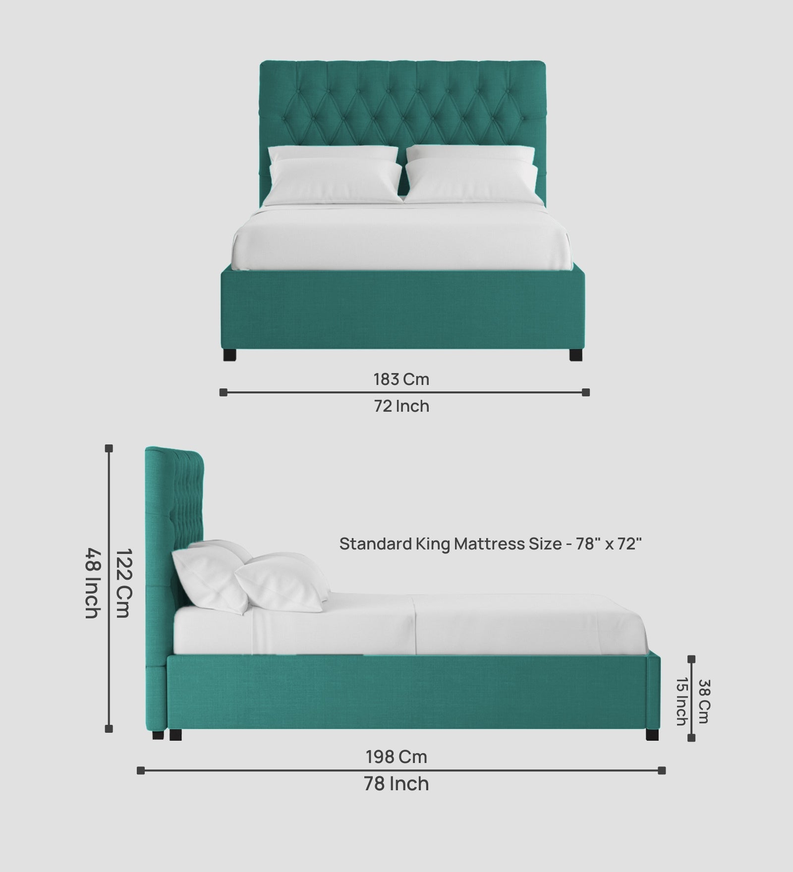 Isko Fabric King Size Bed In Sea Green Colour With Storage Box - Febonic Living