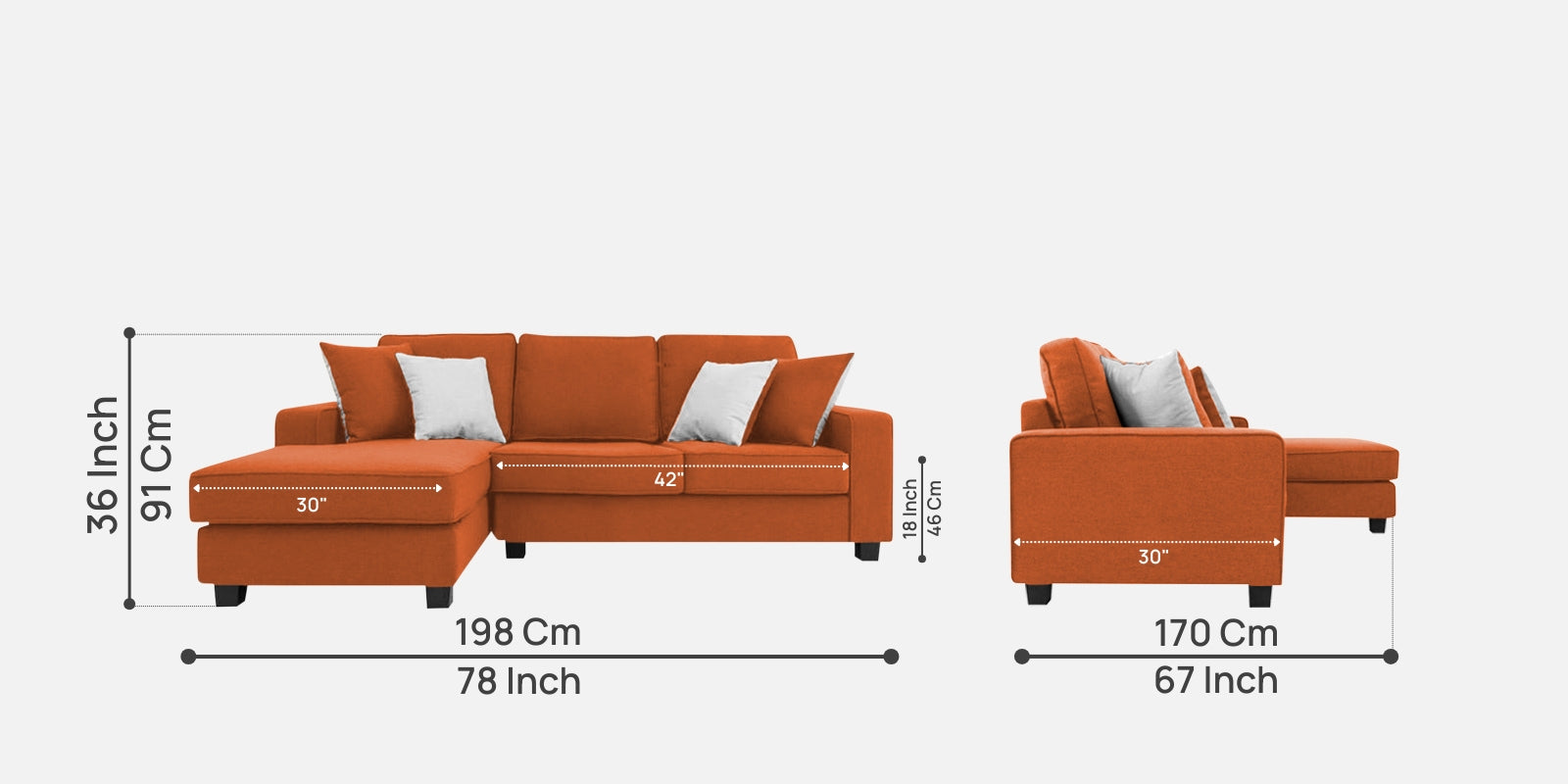 Ladybug Fabric RHS Sectional Sofa (2+Lounger) In Vivid Orange Colour - Febonic Living