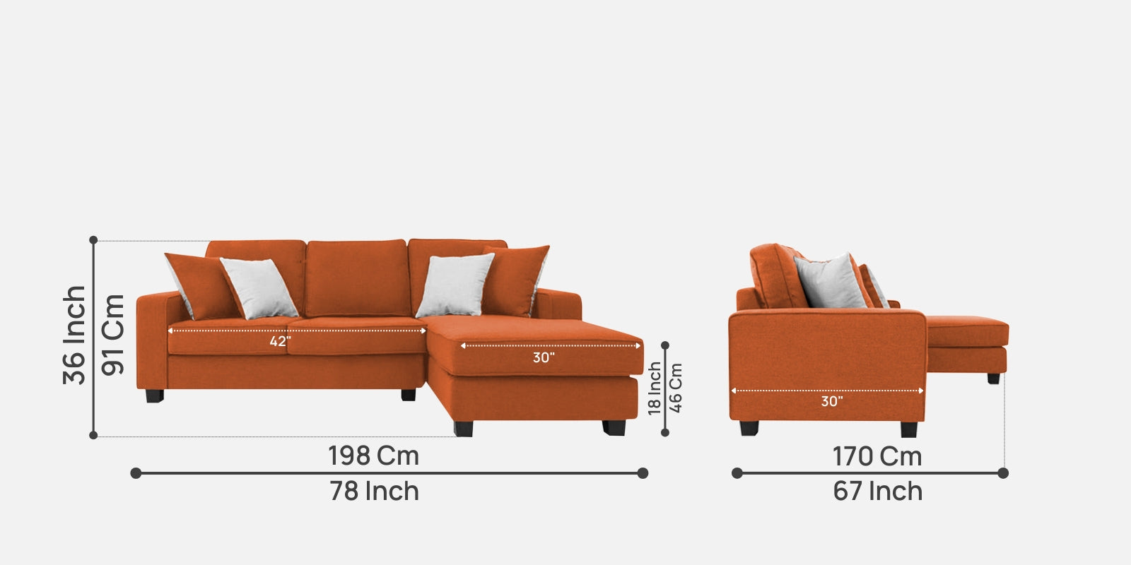 Ladybug Fabric LHS Sectional Sofa (2+Lounger) In Vivid Orange Colour - Febonic Living