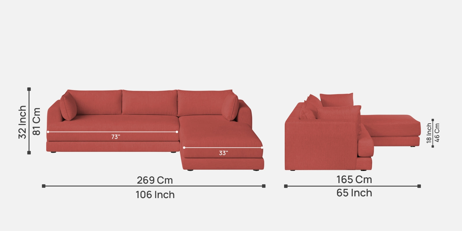Ziggy Fabric LHS Sectional Sofa (3+Lounger) In Salmon Pink Colour - Febonic Living