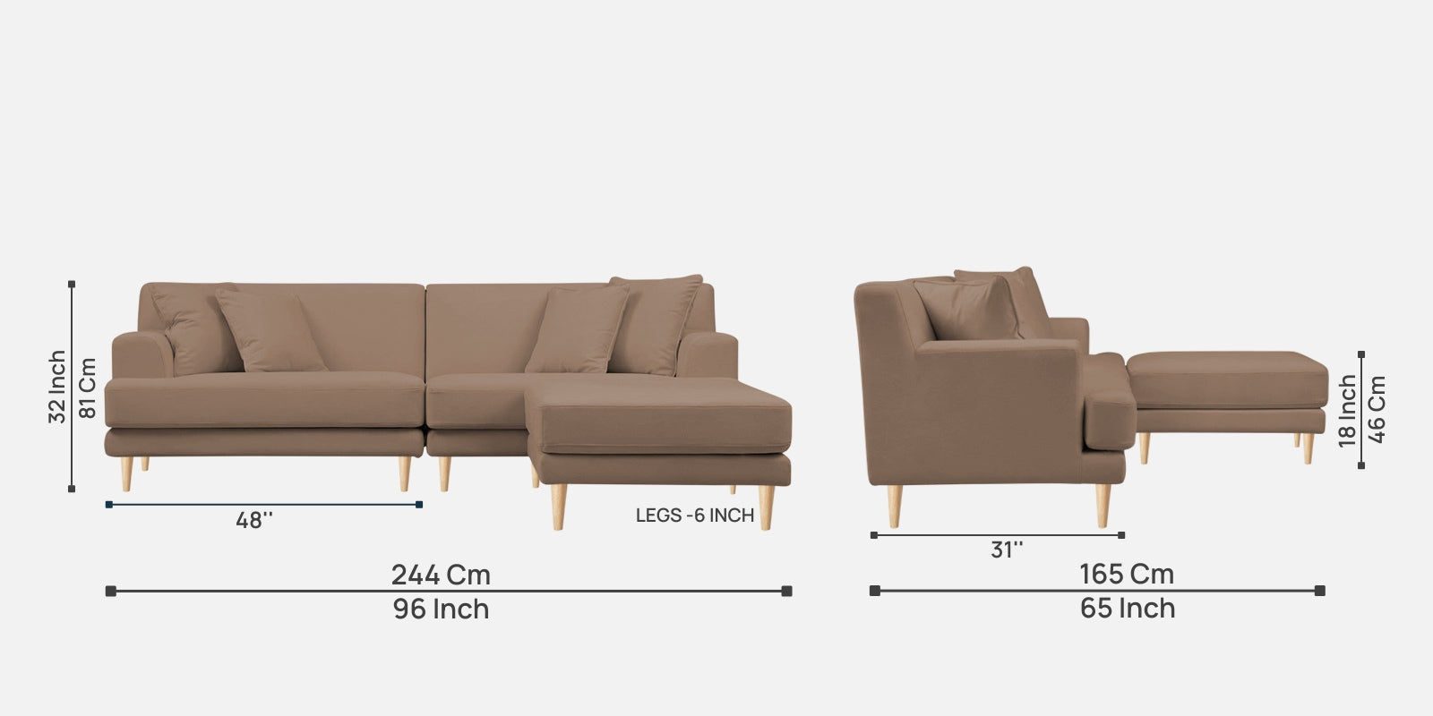 Woody Fabric LHS Sectional Sofa (3+Lounger) In Wheat Beige Colour - Febonic Living