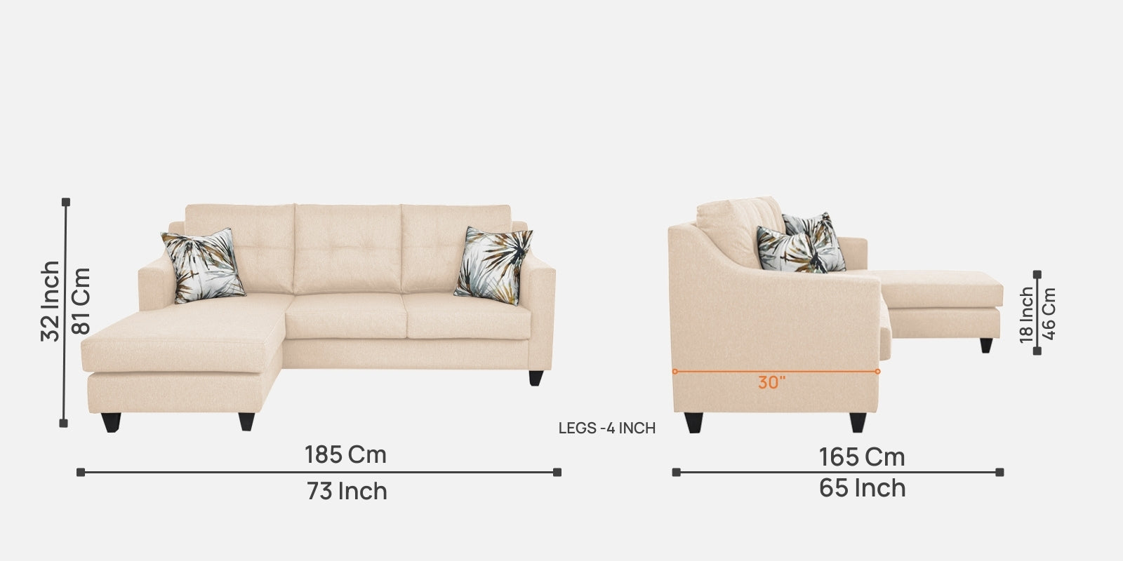 Welly Fabric RHS Sectional Sofa (2+Lounger) In Woom Beige Colour - Febonic Living