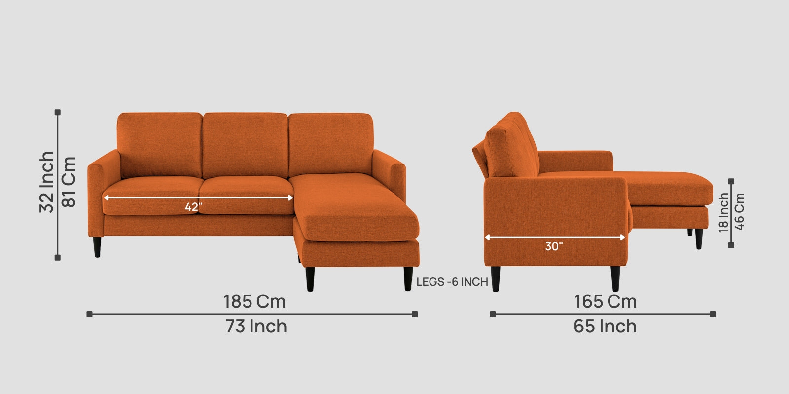 Romie Fabric LHS Sectional Sofa (2+Lounger) In Vivid Orange Colour - Febonic Living