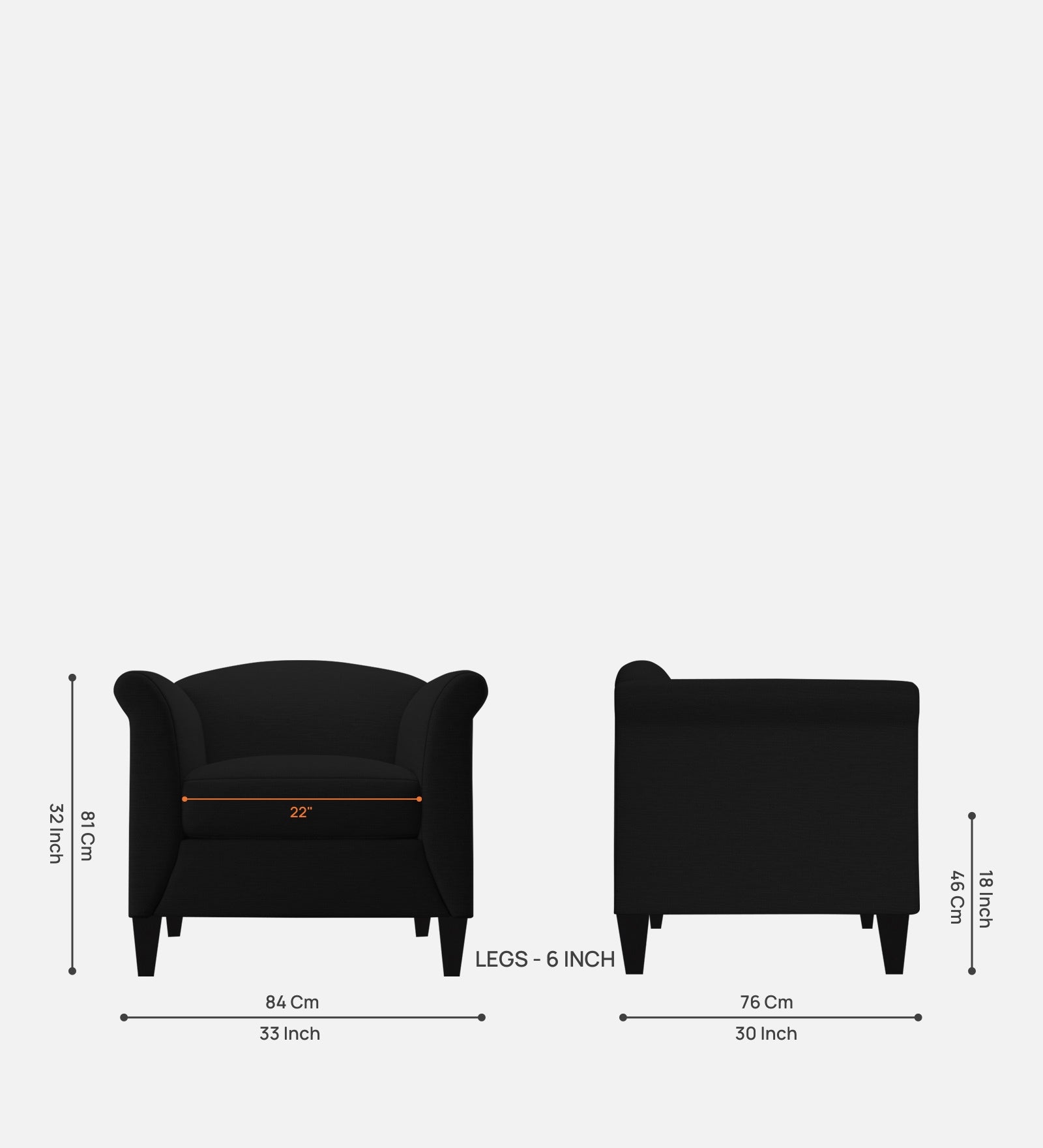 Kimber Fabric 1 Seater Sofa in Zed Black Colour