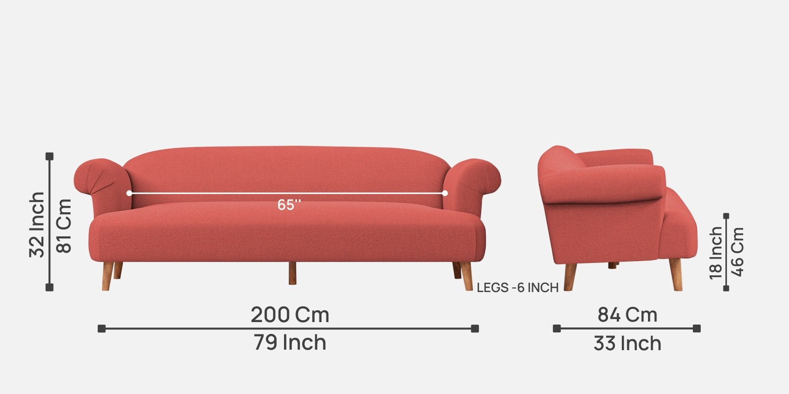 Barber Fabric 3 Seater Sofa In Salmon Pink Colour - Febonic Living