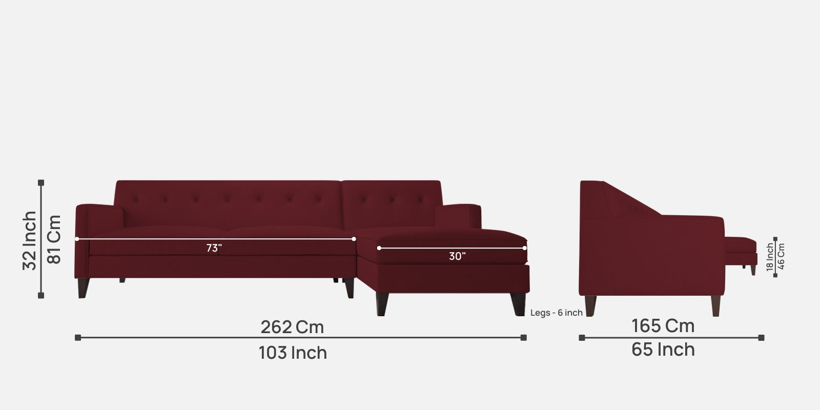 Miller Fabric LHS Sectional Sofa (3+Lounger) In Blood Maroon Colour - Febonic Living