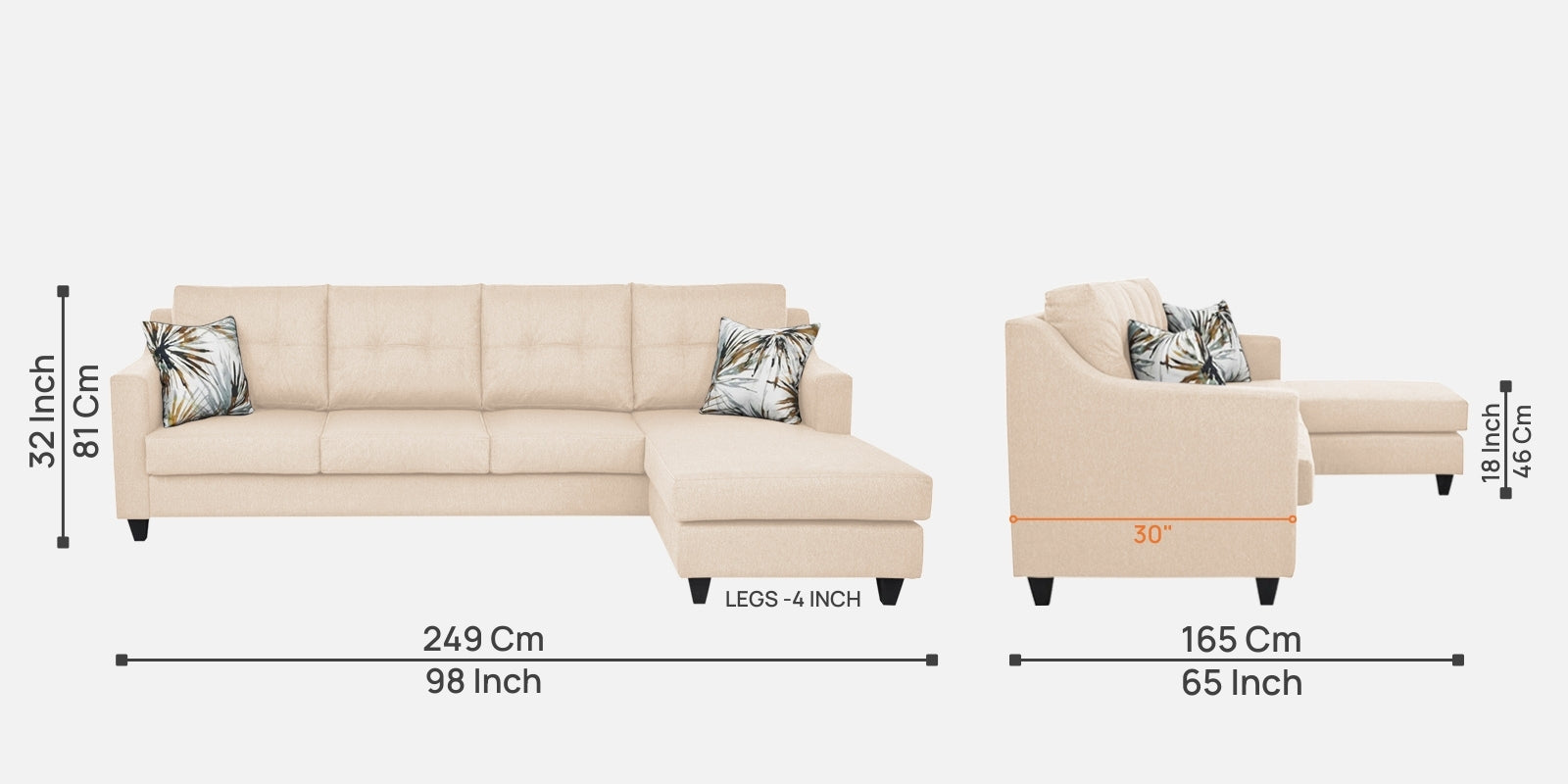 Welly Fabric LHS Sectional Sofa (3+Lounger) In Woom Beige Colour - Febonic Living