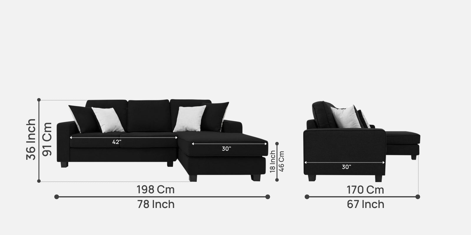 Ladybug Fabric LHS Sectional Sofa (2+Lounger) In Zed Black Colour - Febonic Living