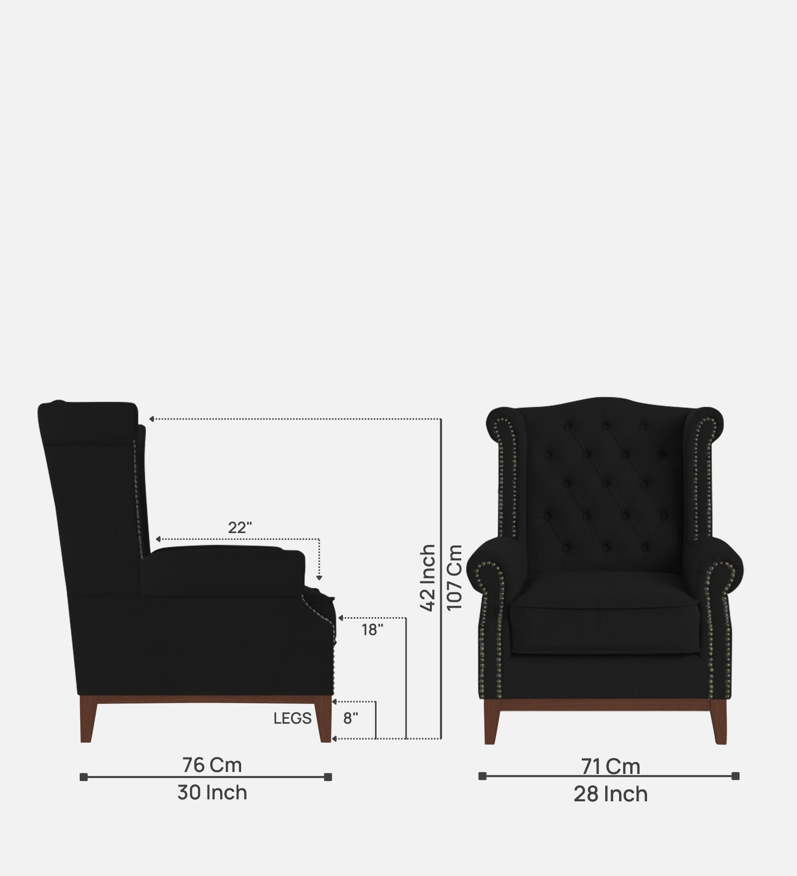 Nory Fabric Wing Chair In Zed Black Colour - Febonic Living