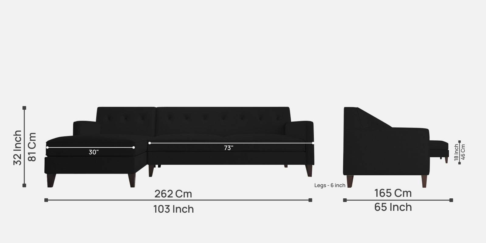 Miller Fabric RHS Sectional Sofa (3+Lounger) In Zed Black Colour - Febonic Living