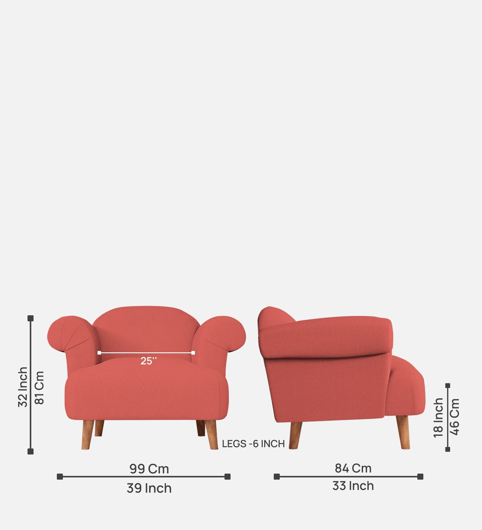 Barber Fabric 1 Seater Sofa In Salmon Pink Colour - Febonic Living