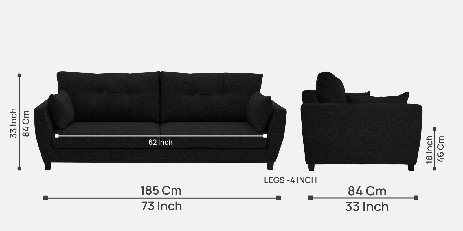 Mario Fabric 3 Seater Sofa In Zed Black Colour - Febonic Living