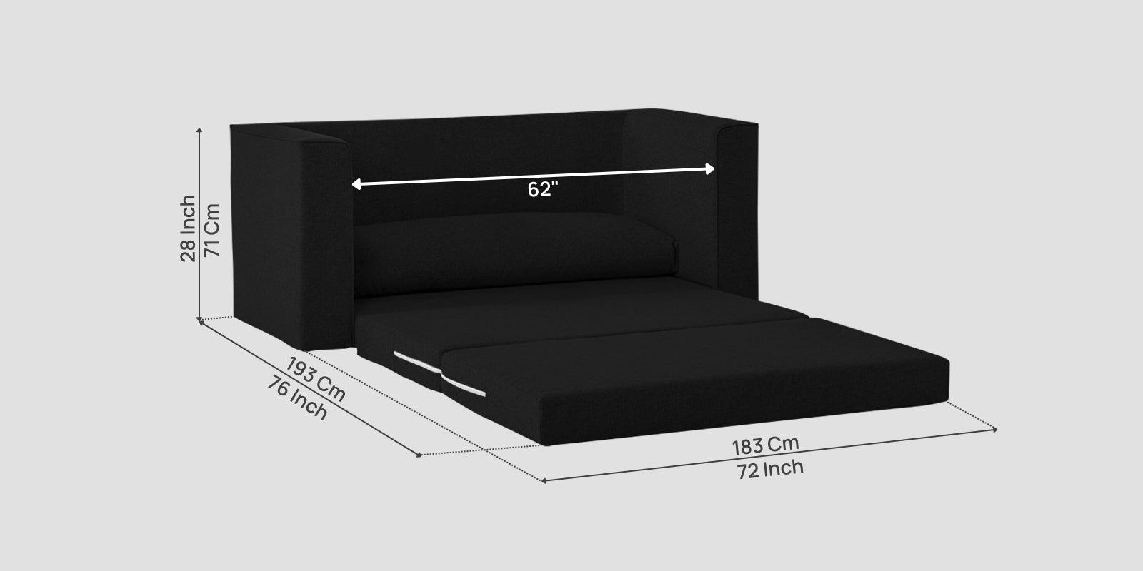 Kenia Fabric 3 Seater Foldable Sofa Cum Bed In Zed Black Colour - Febonic Living