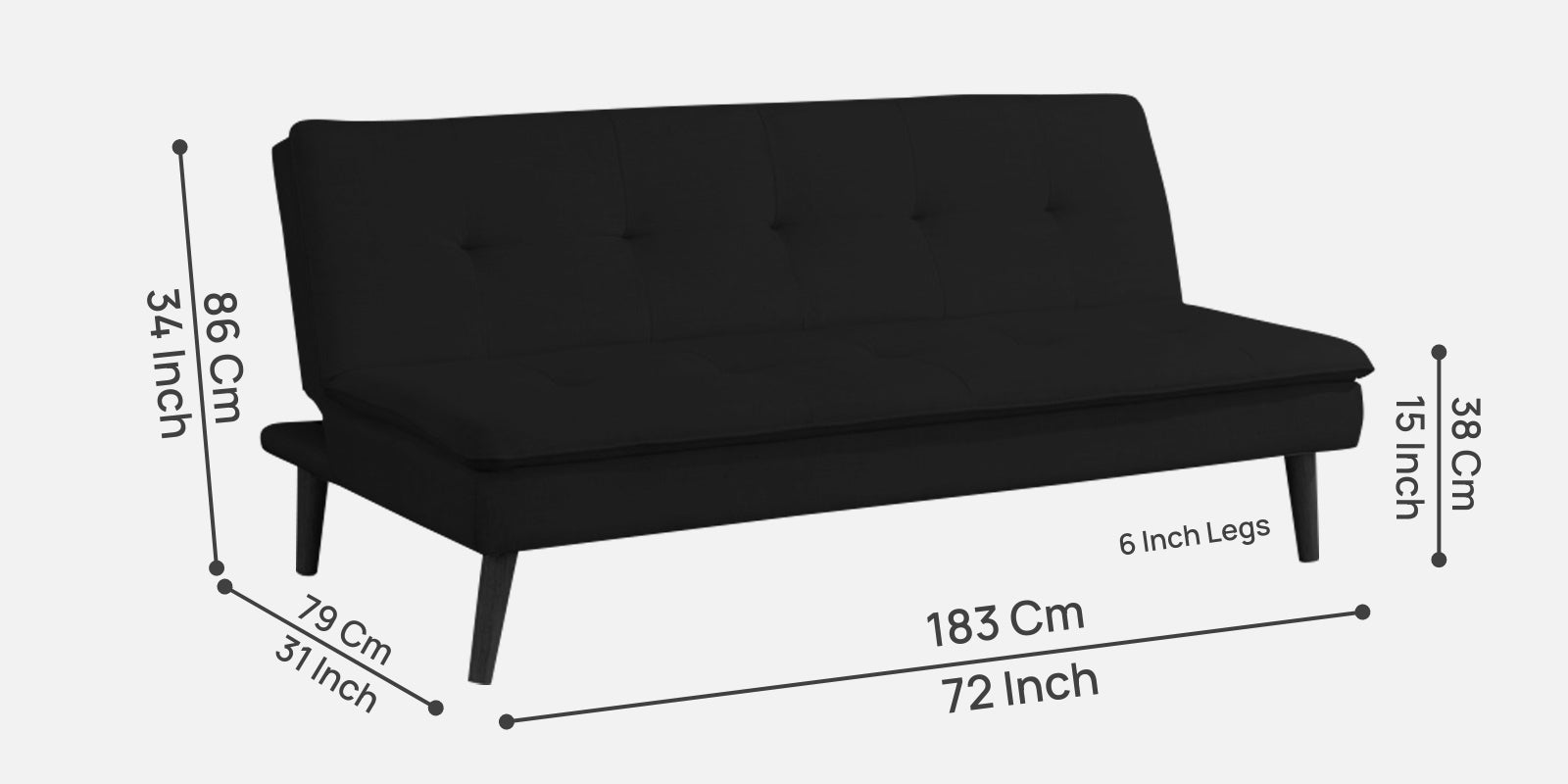 Toner Fabric 3 Seater Convertible Sofa Cum Bed In Zed Black Colour - Febonic Living